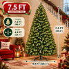 A tall artificial Christmas tree with warm white and multicolor LED lights is shown next to a red sofa and decorative gifts.