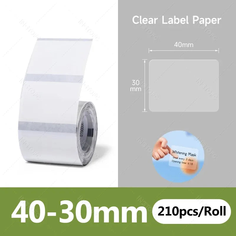 Roll of clear label paper, 40-30mm wide, for mini label printers.