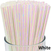 A close-up view of a pack of light pink and white striped biodegradable paper drinking straws.