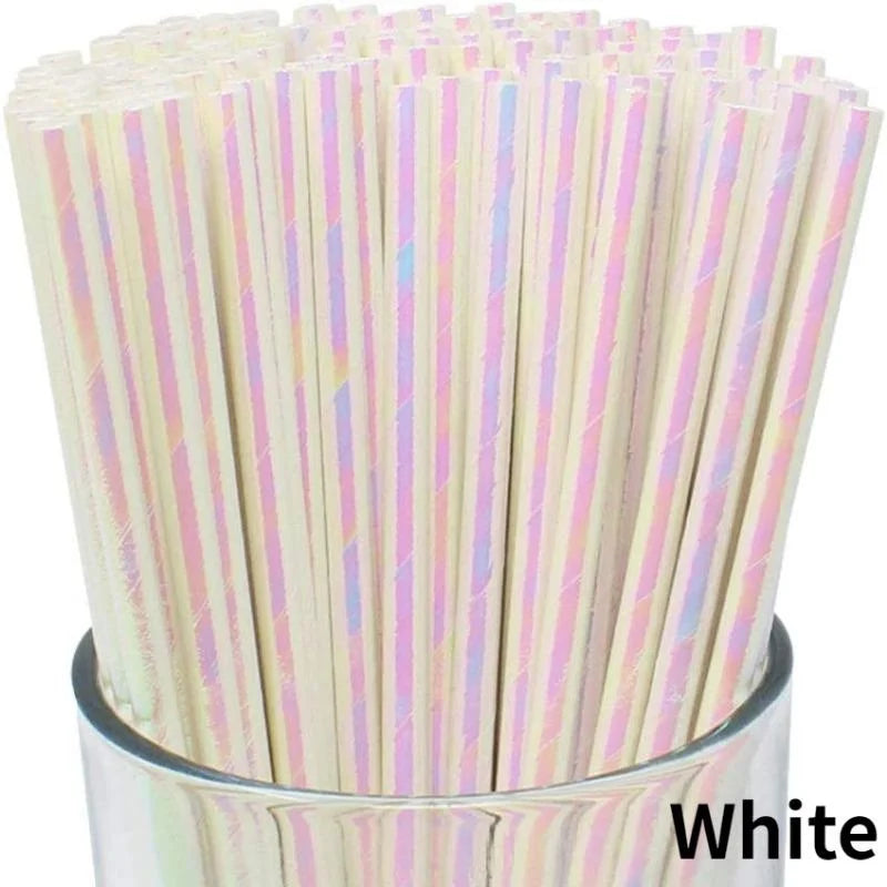 A close-up view of a pack of light pink and white striped biodegradable paper drinking straws.