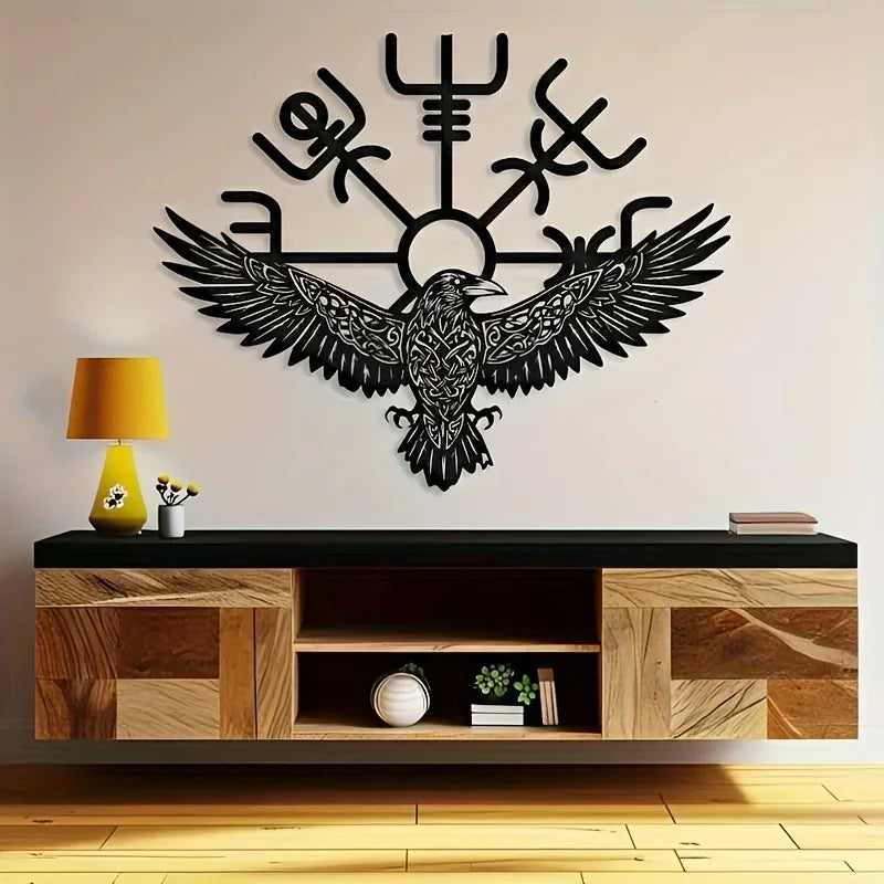 Viking Raven Metal Wall Art with Celtic Compass Symbol