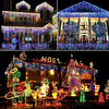A brightly lit house decorated with numerous solar LED icicle string lights for outdoor holiday display.
