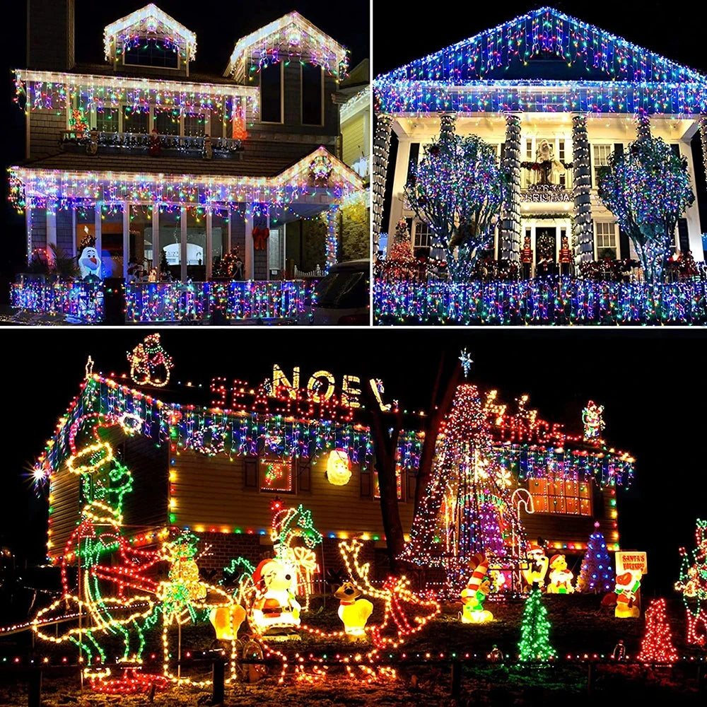 A brightly lit house decorated with numerous solar LED icicle string lights for outdoor holiday display.