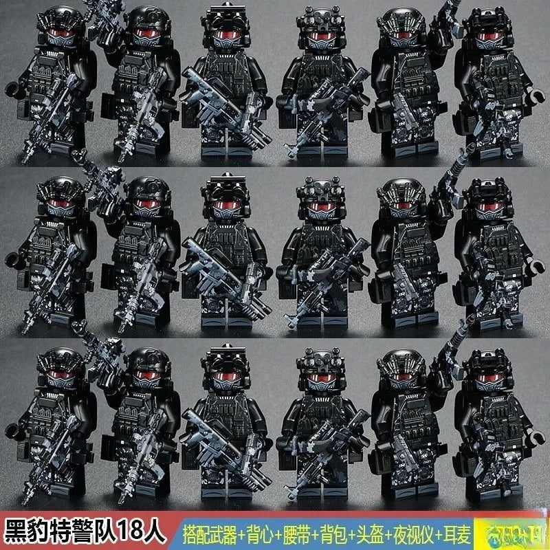 A collection of 18 military themed building blocks featuring various jeep and vehicle models.
