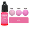 A bottle of pink liquid cosmetic pigment with dropper tips showing 1, 2, and 3 drops.