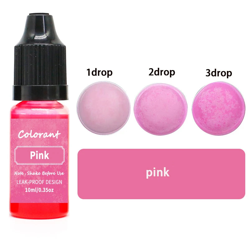A bottle of pink liquid cosmetic pigment with dropper tips showing 1, 2, and 3 drops.