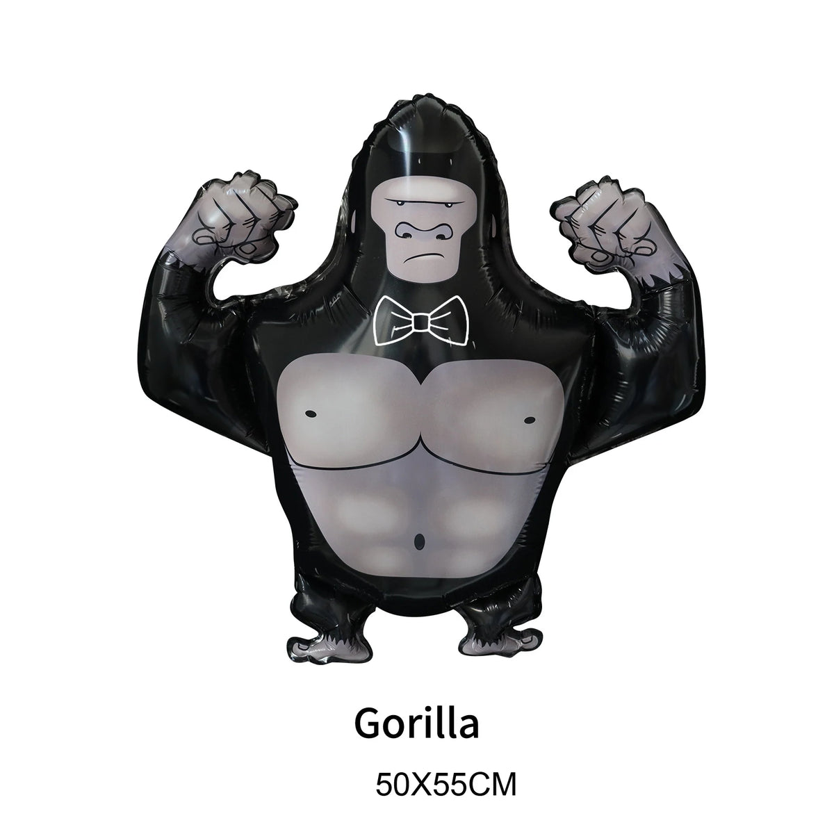 A black inflatable gorilla decoration with a menacing face and muscular arms.