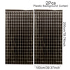 Two pieces of black plastic background curtain with a grid pattern for events