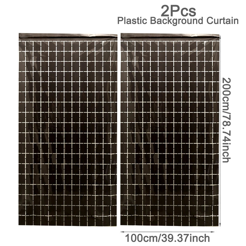 Two pieces of black plastic background curtain with a grid pattern for events