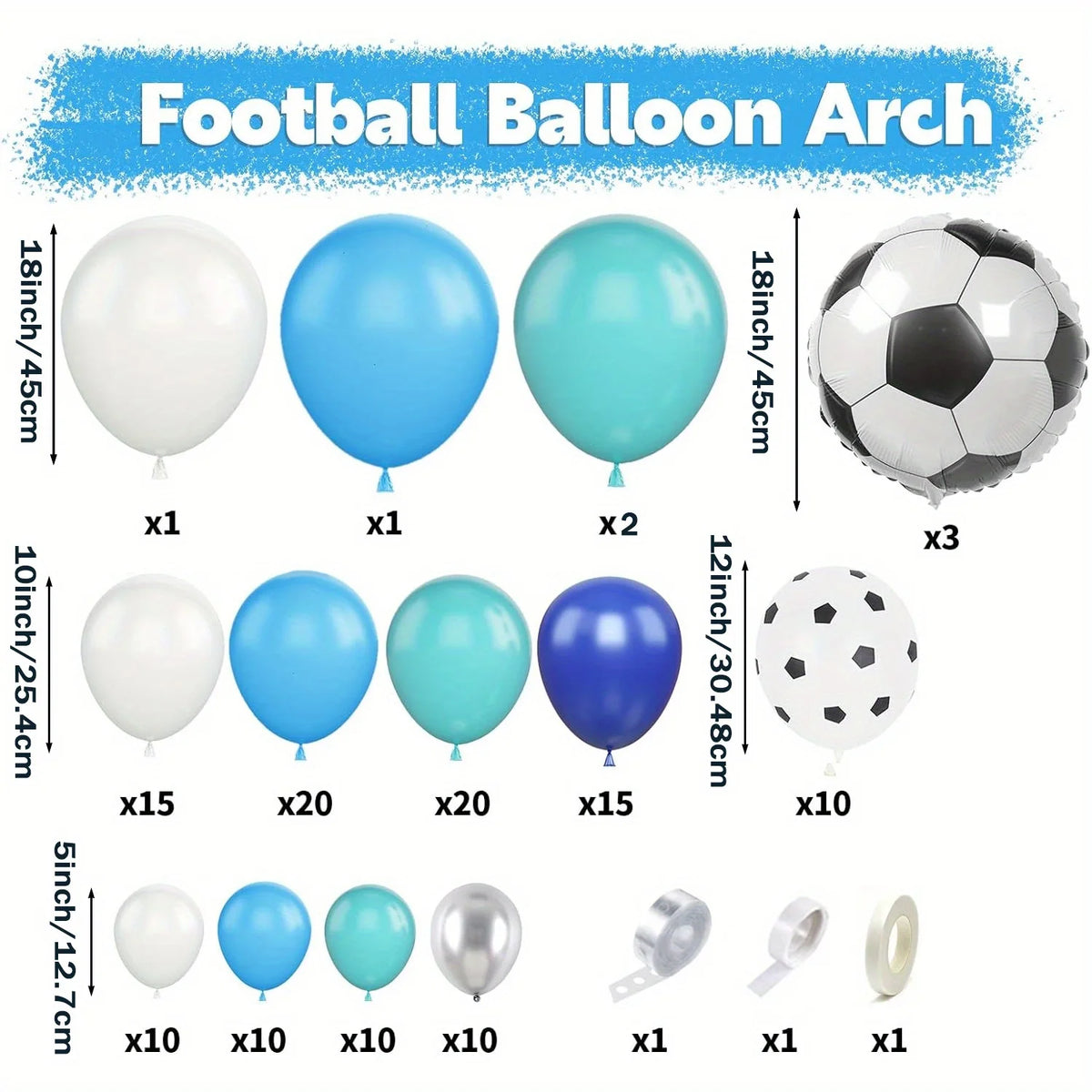 Football balloon arch kit showing various sizes and colors of balloons and a soccer ball