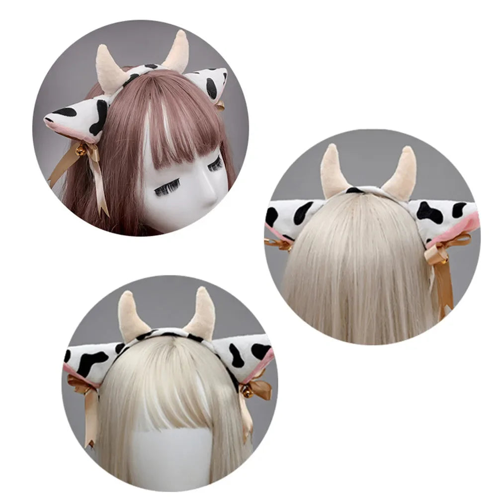 A light blonde wig styled with cow ears headband featuring black and white cow print ears and ribbon bows.