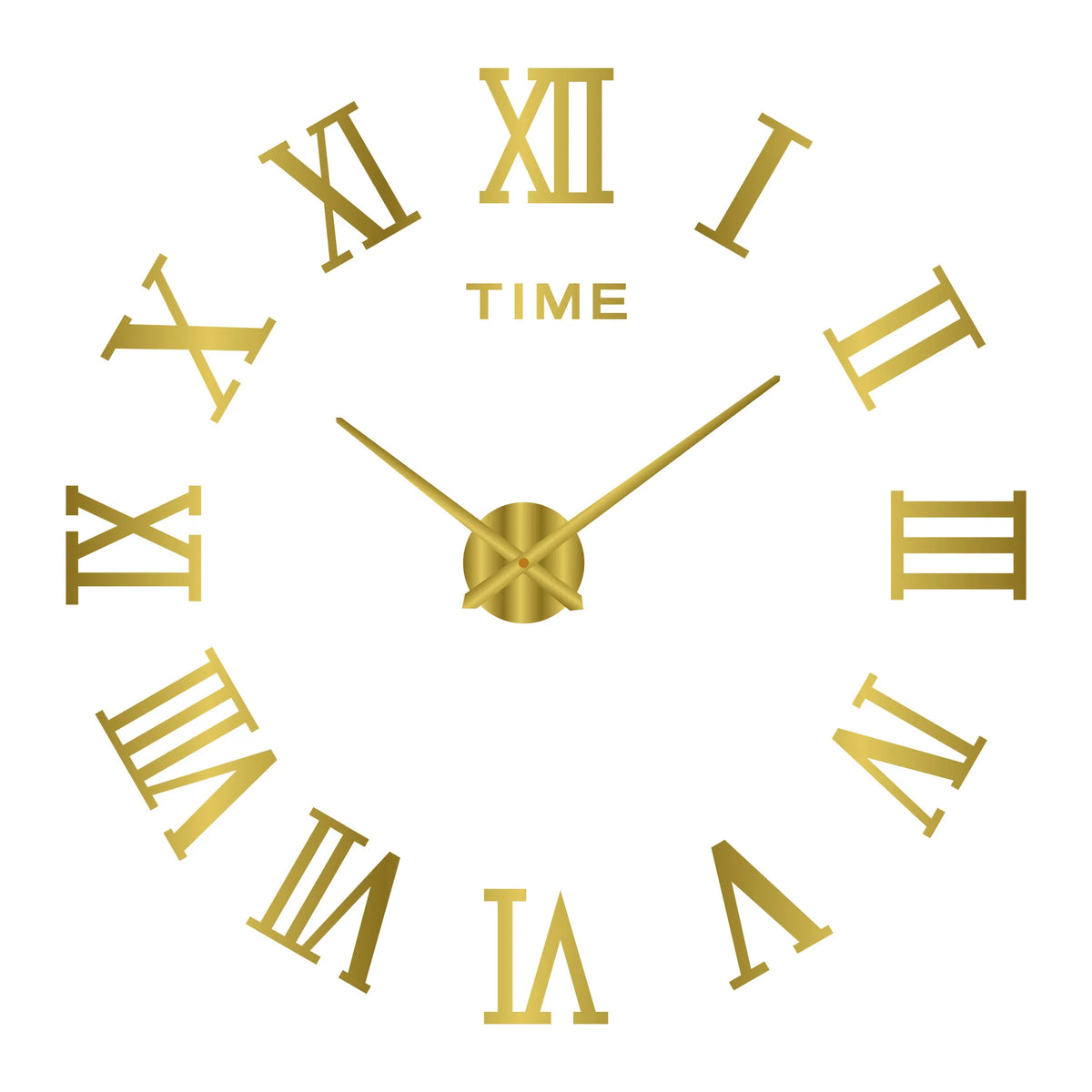 A round gold-toned clock face with Roman numerals and a long golden hand pointing towards the right.