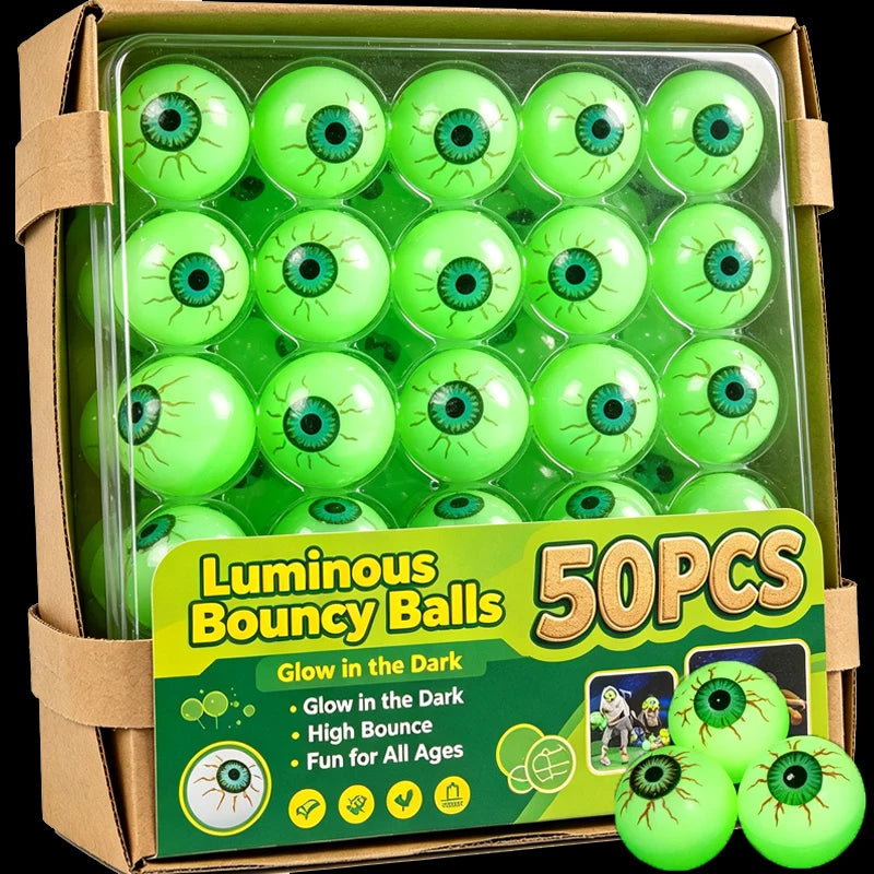 A box of 50 glow-in-the-dark eyeball bouncy balls designed to glow in the dark