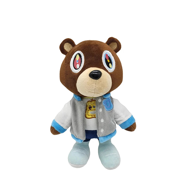A brown bear plush toy with large eyes and a light blue jacket.