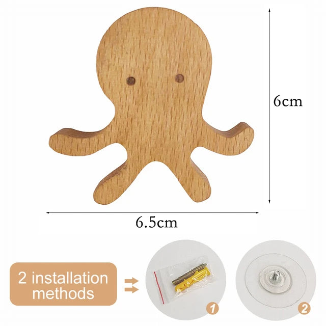 A light brown wooden starfish decorative hook with two installation methods shown.