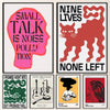 A collection of five vibrant retro pop art canvas prints featuring abstract figures and text.