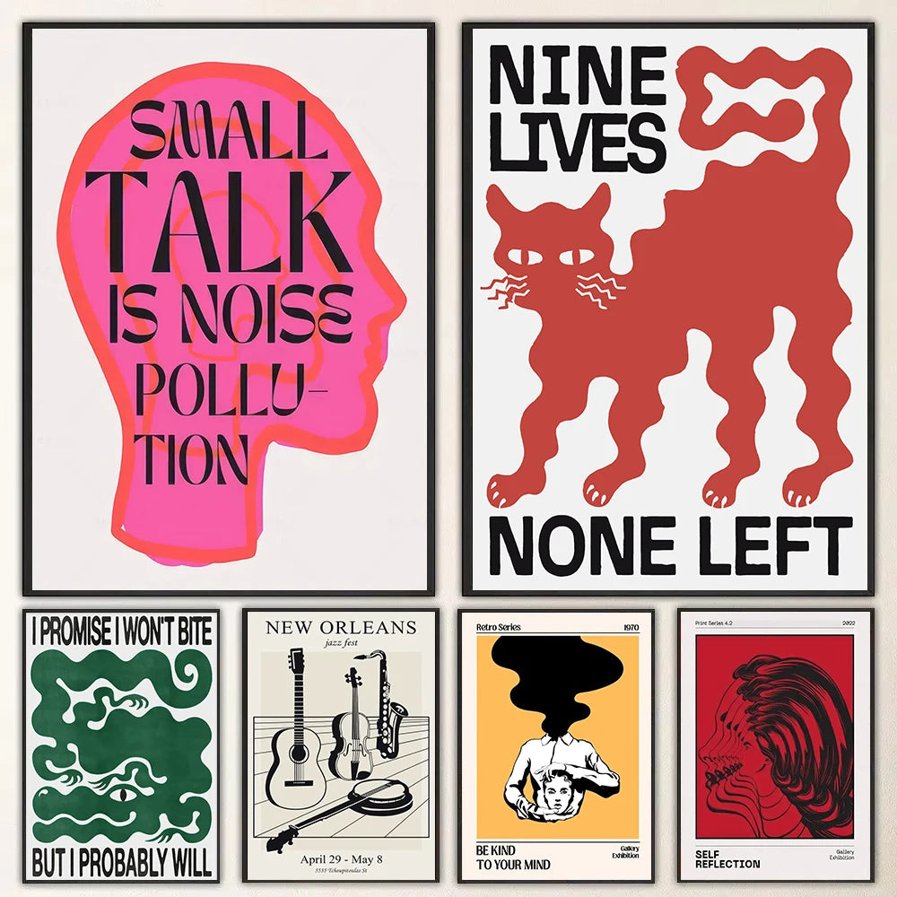A collection of five vibrant retro pop art canvas prints featuring abstract figures and text.