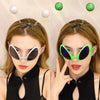 A woman models rainbow alien sunglasses with UV400 protection