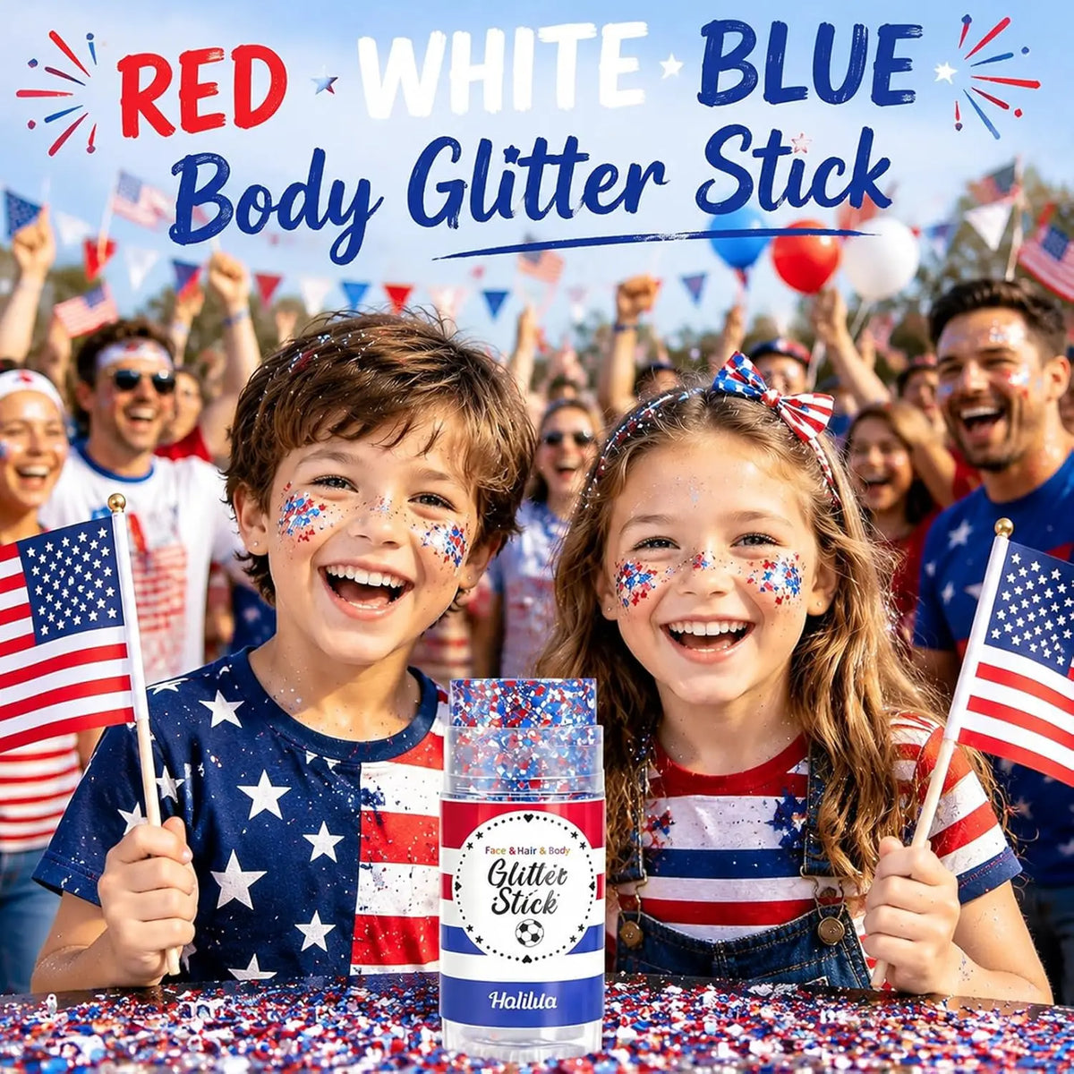 Un enfant tient un bâton de paillettes rouge, blanche et bleue devant une foule célébrant avec des drapeaux patriotiques.