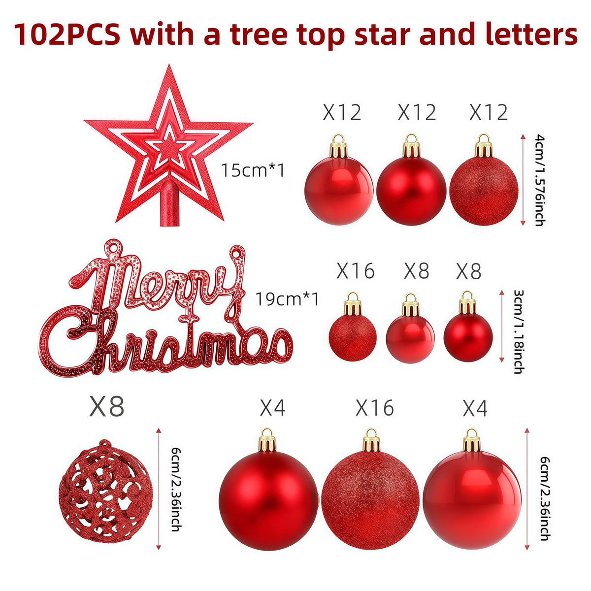 A set of 102 Christmas ornaments featuring a tree top star and letters in various red finishes.