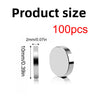 Image showing 10mm round disc magnets, with a scale indicating 2mm/0.07in size and a quantity of 100 pieces.