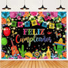 A vibrant Mexican fiesta photo backdrop featuring colorful flowers, a sombrero, guitar, and cactus design.
