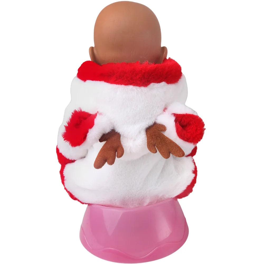 A Christmas doll outfit set featuring a white fur collar with red trim and brown hands.
