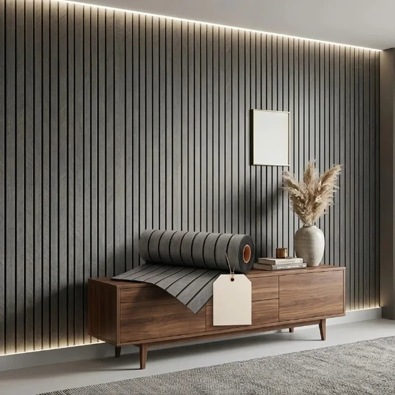 A wooden storage box with a rolled wallpaper sample and decorative items against a textured gray wall.