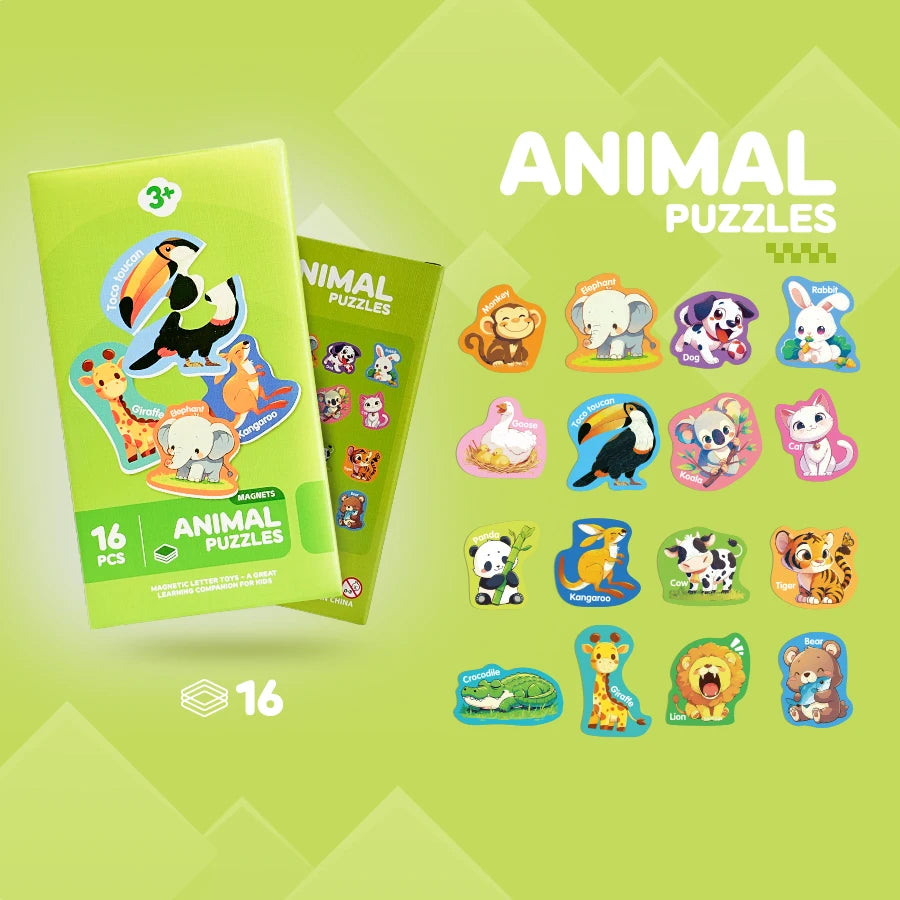 A set of 16 animal puzzles in a green box featuring various animals like elephants, lions, and pandas.