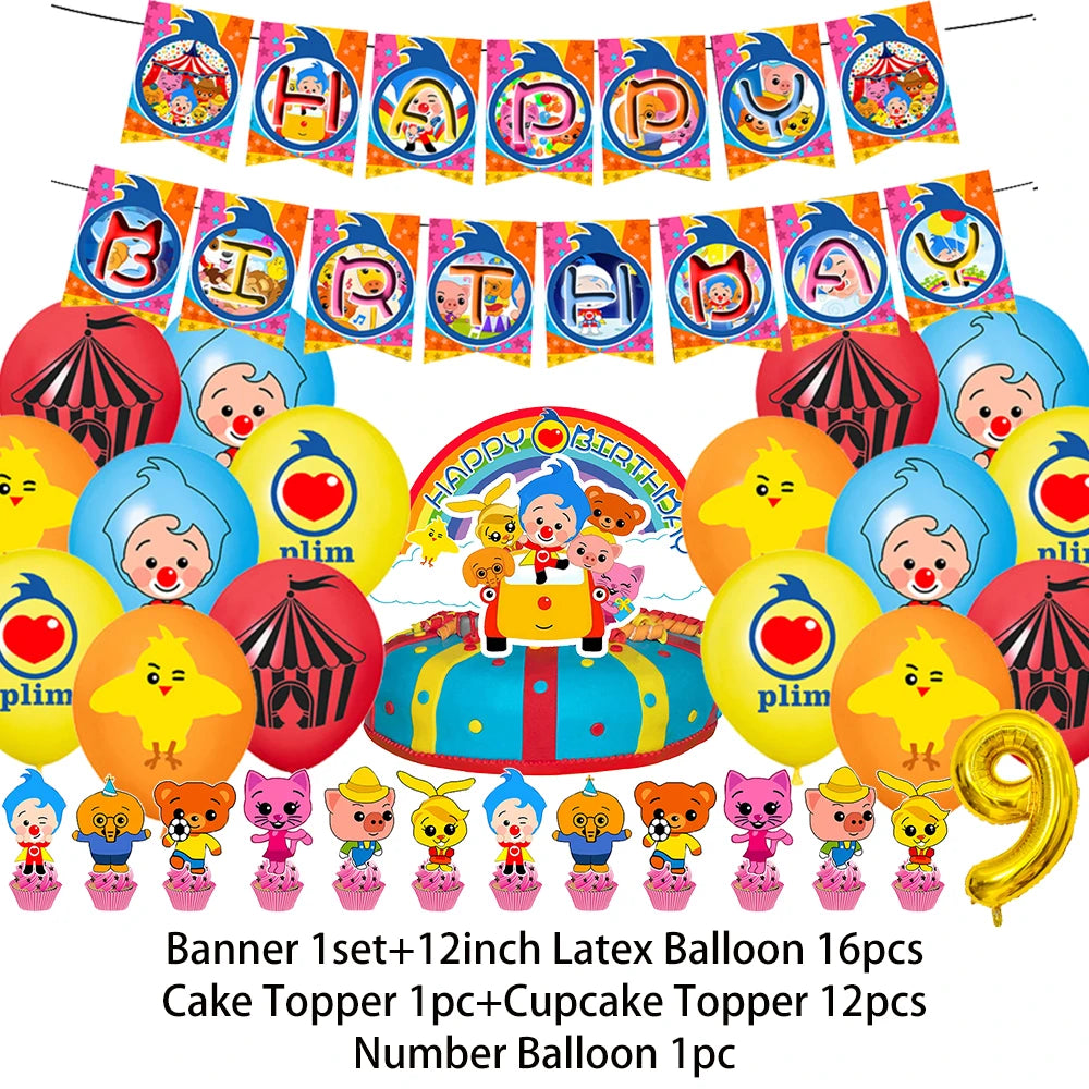 A banner featuring colorful cartoon animals and a set of latex balloons including cake toppers and number balloons