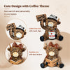 A brown cow figurine with a coffee theme, featuring designs like a cup and sign, or a book and bow.