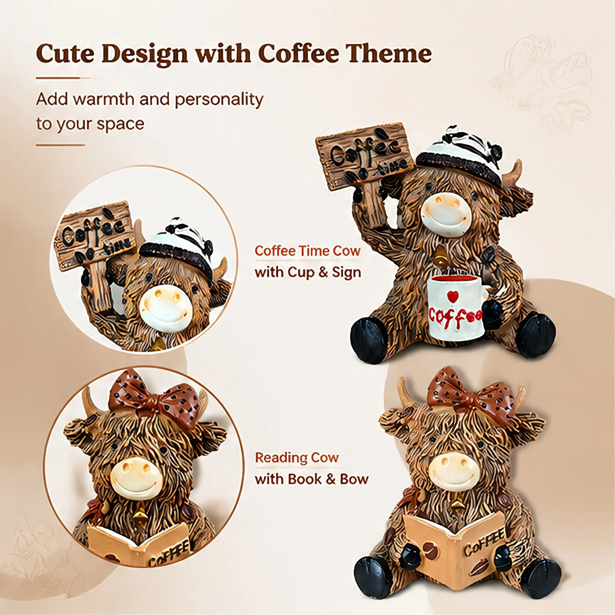 A brown cow figurine with a coffee theme, featuring designs like a cup and sign, or a book and bow.