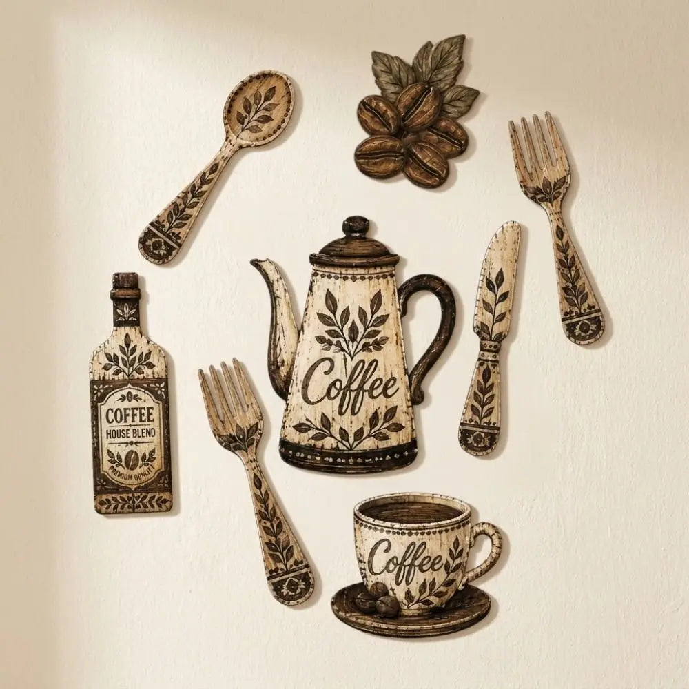 A vintage wooden coffee utensil set featuring a teapot, spoon, fork, and other serving pieces on a light background.