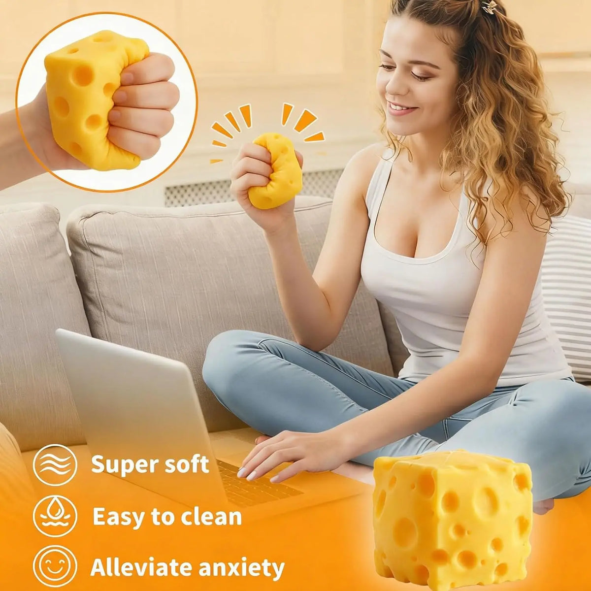 A woman is squeezing a yellow slow-rising cheese squishy toy while sitting on a couch.