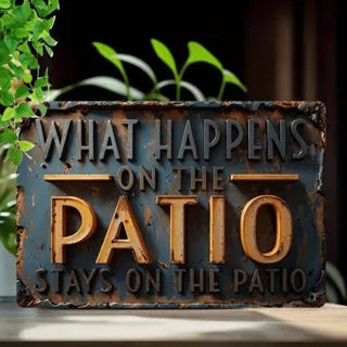 A rustic metal tin sign with the text What Happens on the Patio Stays on the Patio.