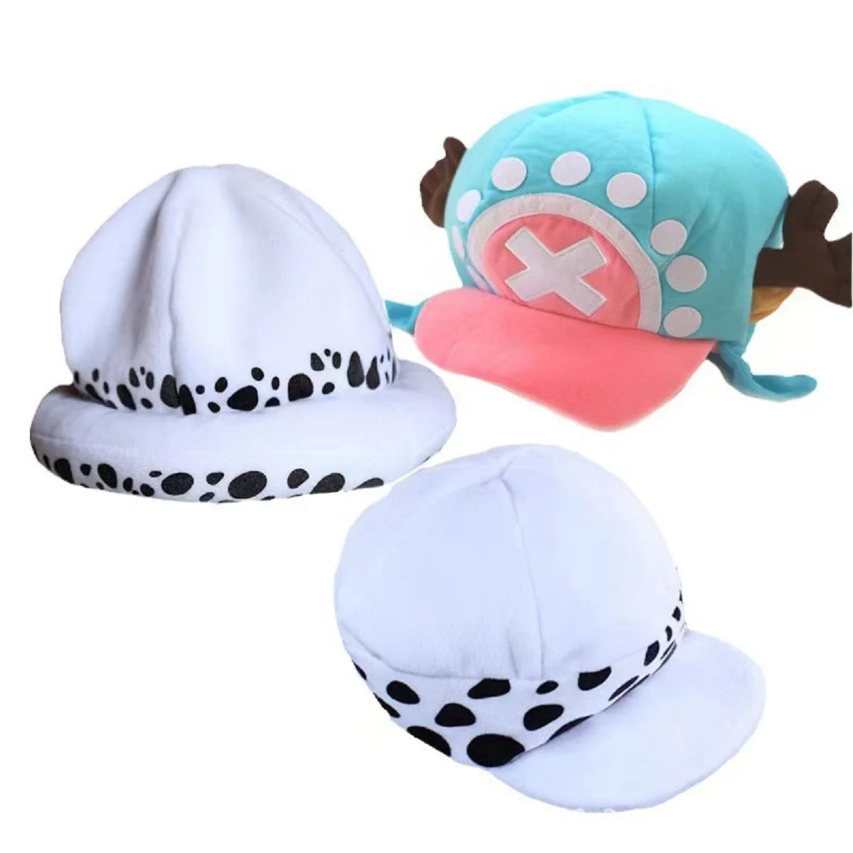 A plush knit cap featuring a blue and pink design with animal ears and pom pom details.