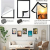 Five magnetic self-adhesive photo frames shown with installation steps demonstrating adhesive and magnetic mounting