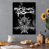 Black canvas wall art featuring a white stylized logo of My Chemical Romance with yellow sunflowers in the background