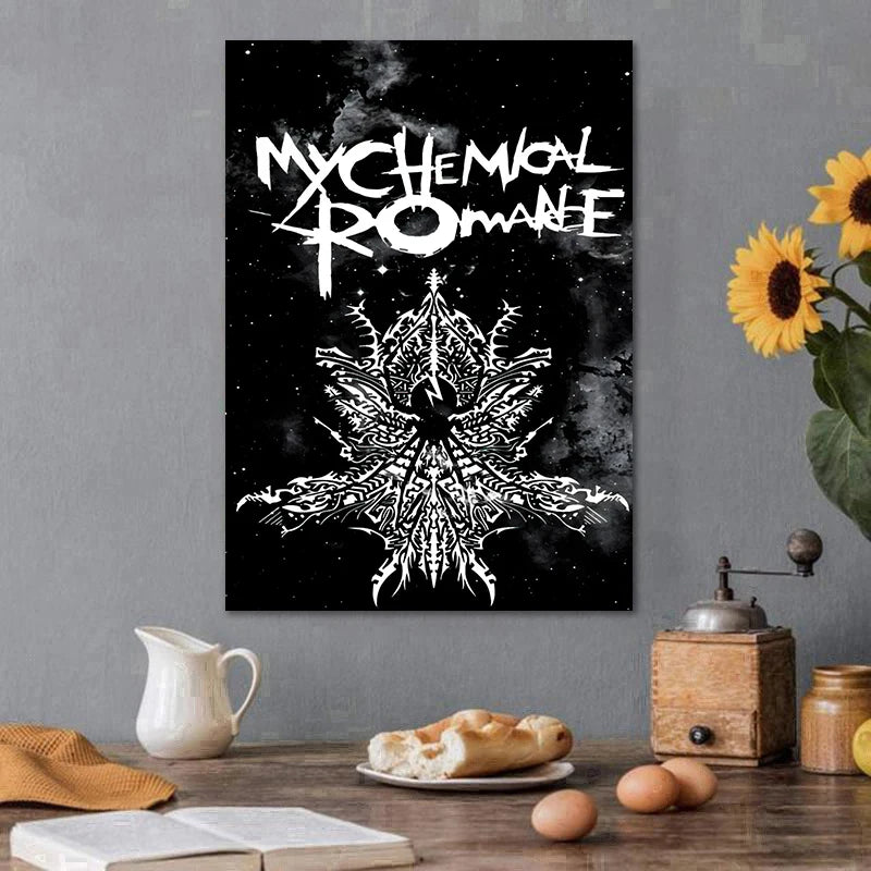 Black canvas wall art featuring a white stylized logo of My Chemical Romance with yellow sunflowers in the background