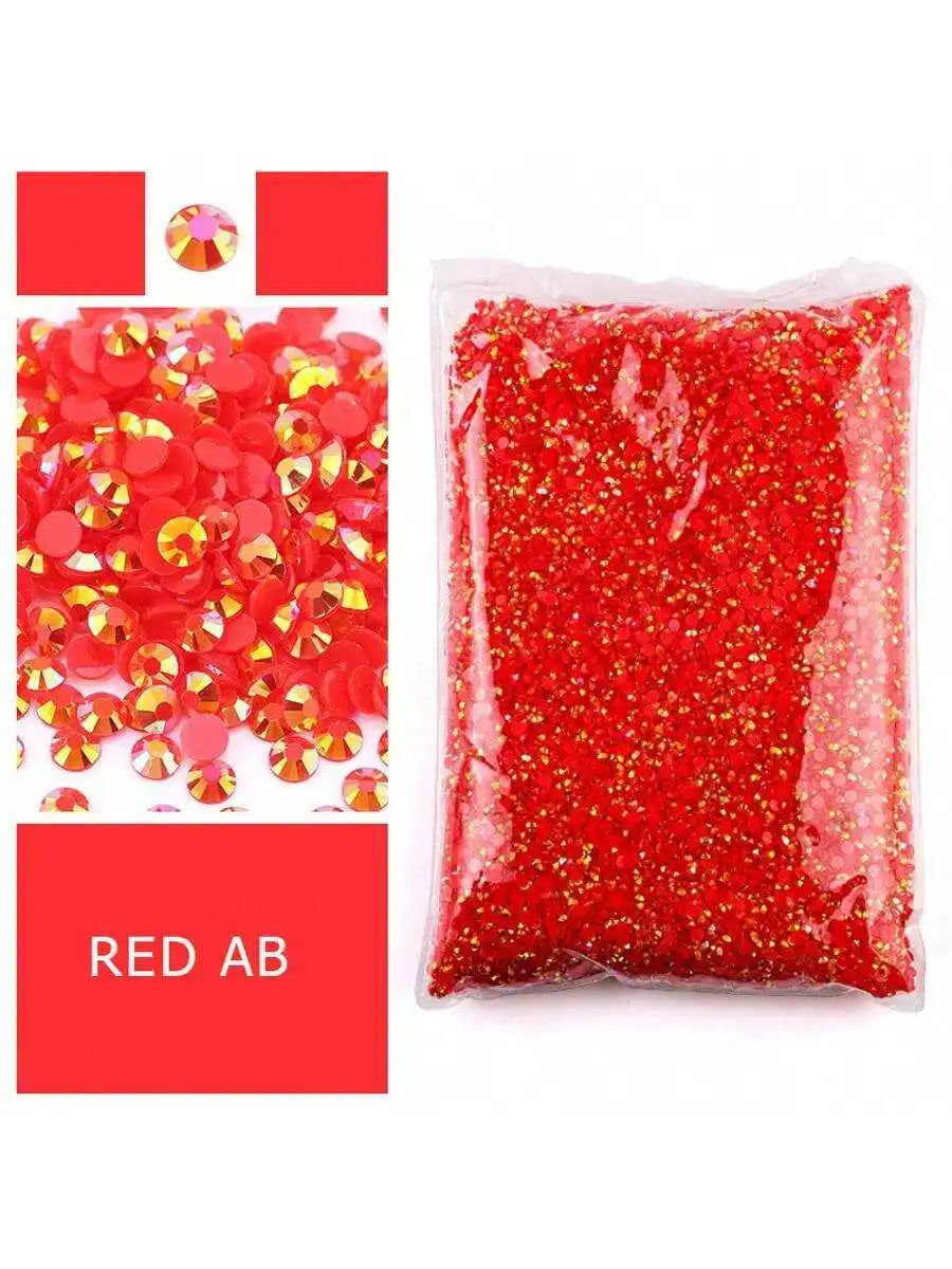 Bag of red acrylic resin rhinestones with flatback for crafting