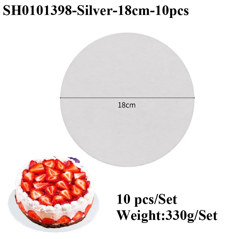 A round white cake board with a silver coating is shown next to a strawberry cake.