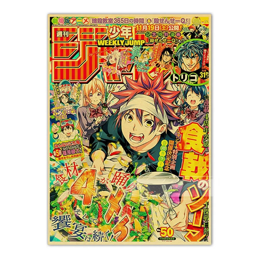 A colorful poster featuring characters from JoJo, Jujutsu Kaisen, and Demon Slayer anime series.