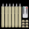 A set of six beige flameless LED taper candles and corresponding holders are displayed against a black background.