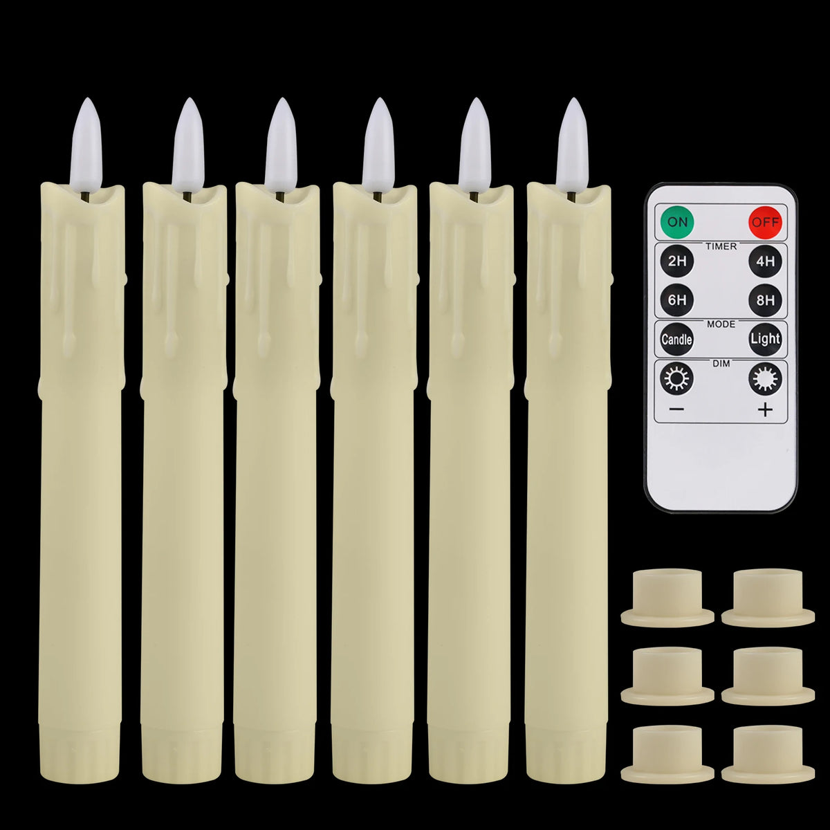 A set of six beige flameless LED taper candles and corresponding holders are displayed against a black background.