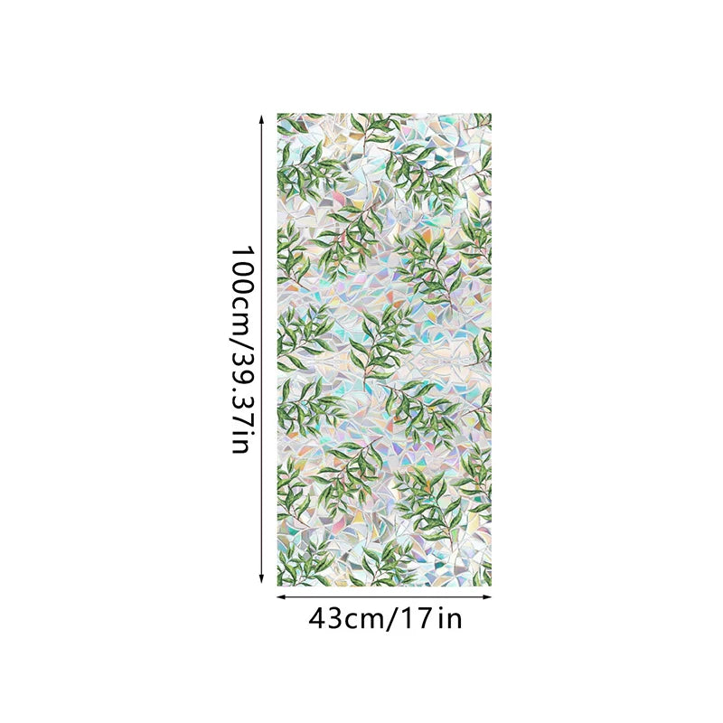 Botanical print static cling window film featuring green leaves and pastel floral elements.