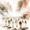 Watercolor painting of Jesus shepherds standing in water between large cliffs under a bright sky.