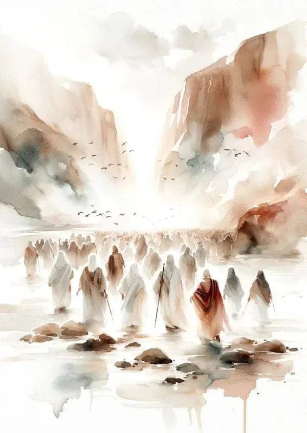 Watercolor painting of Jesus shepherds standing in water between large cliffs under a bright sky.