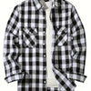 A men's black and white plaid flannel button-up shirt displayed flat.