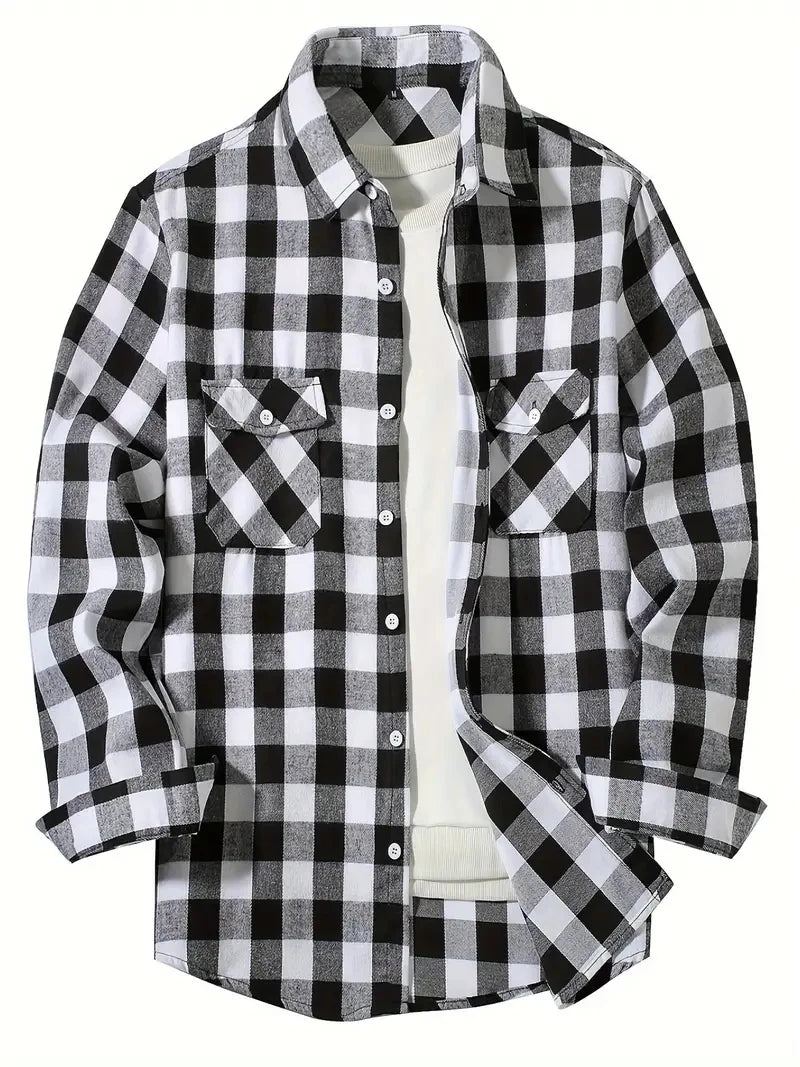 A men's black and white plaid flannel button-up shirt displayed flat.