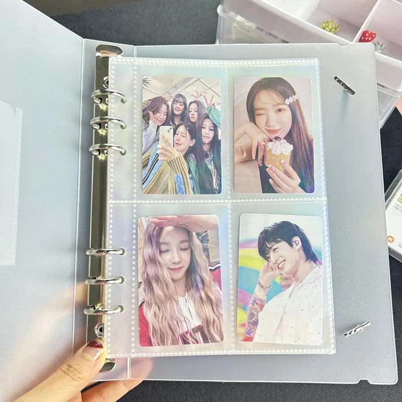 A display of crystal clear protective card sleeves featuring photos of K-pop idols.